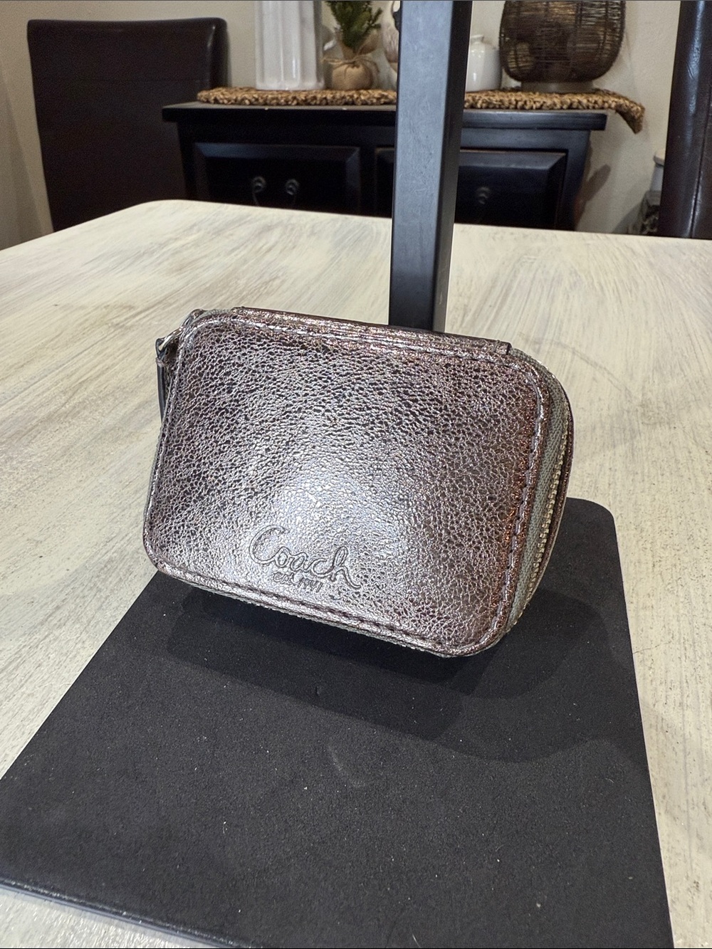 Coach Metallic Bronze Poppy Leather Zip Around Pill Box